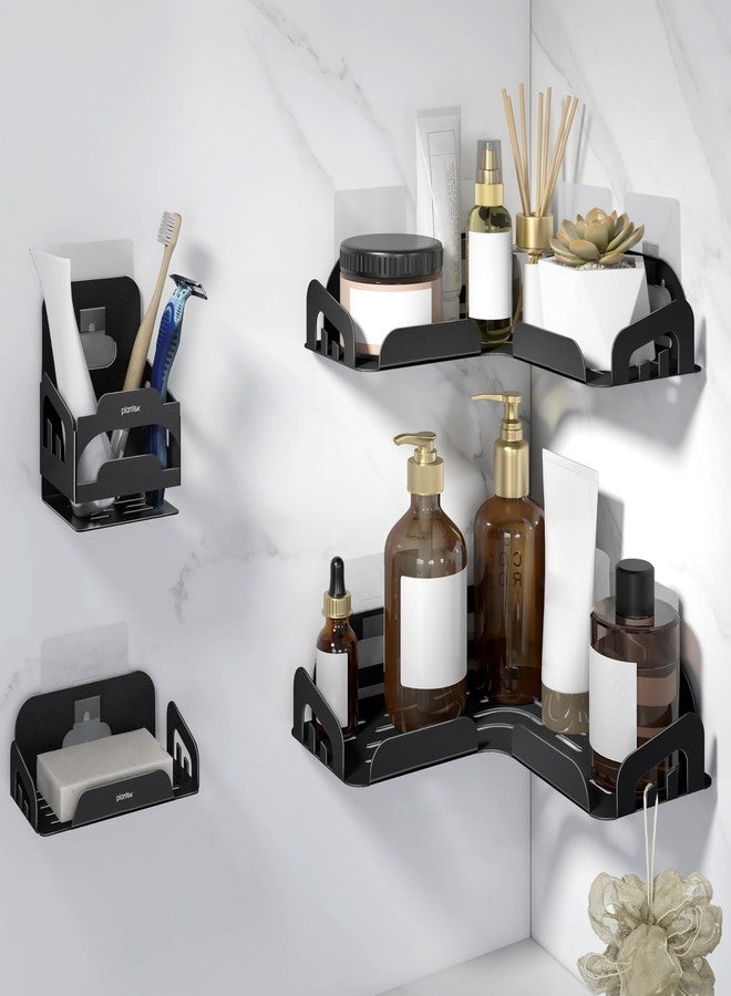 Plantex Stainless Steel Corner Shelf for Bathroom/4in1 Self Adhesive Bathroom Shelf with Soap Dish and Tumbler Holder/Bathroom Organiser Without Drill(Black, Combo) - Image 1